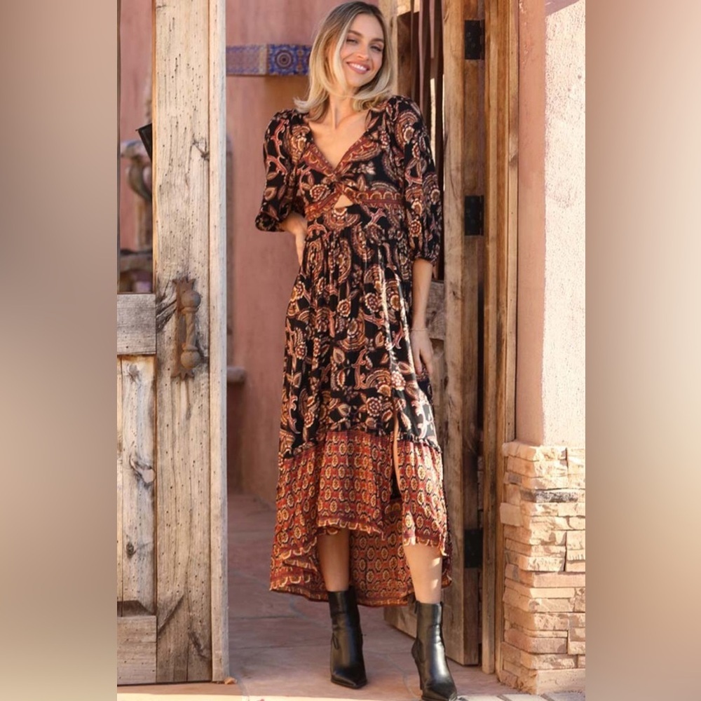 Angie V-neck Twist Front 3/4 Sleeve Boho Maxi Dress With Slit NWT